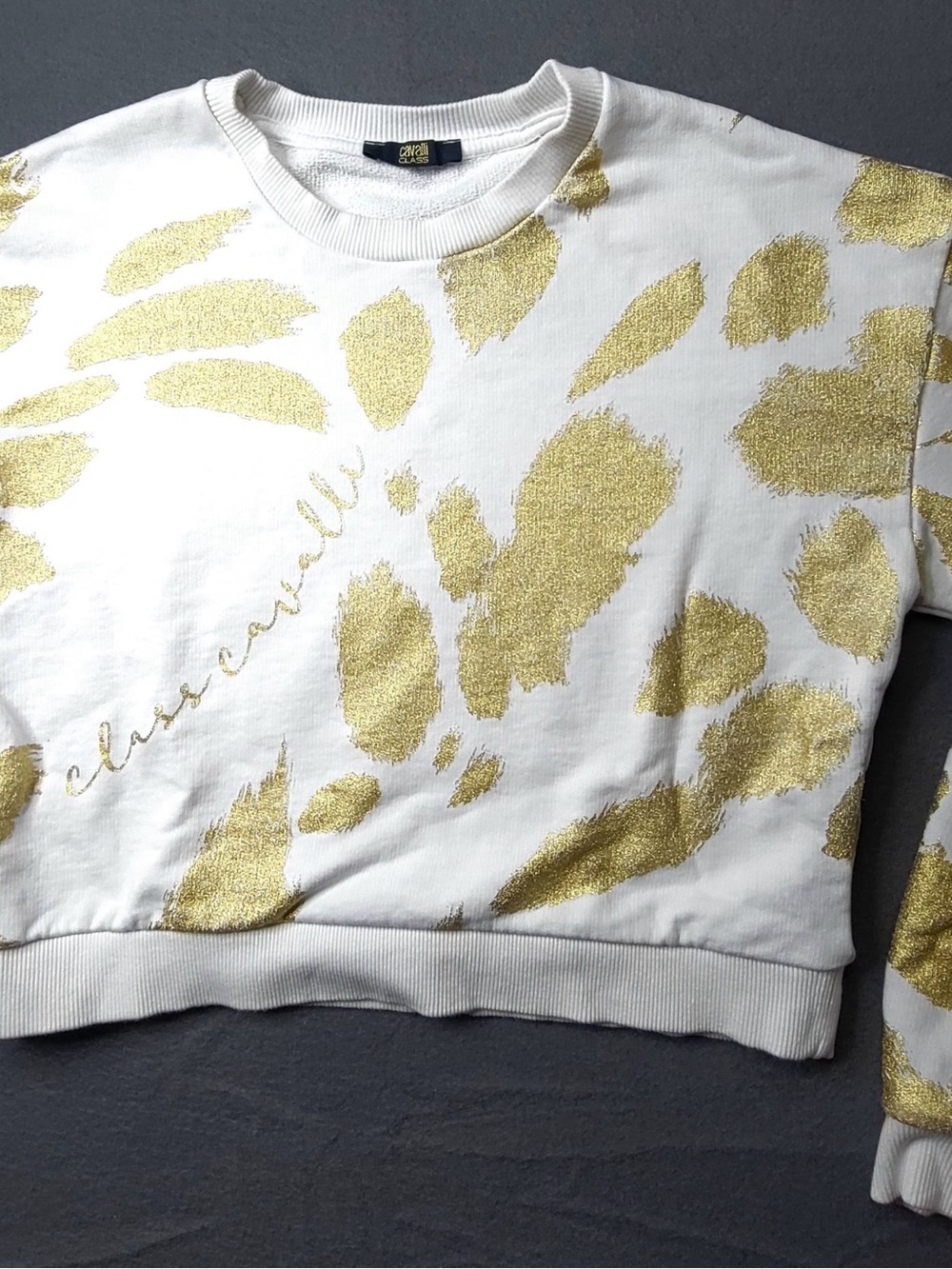 Cavalli Class White Sweatshirt with Gold Metallic Print